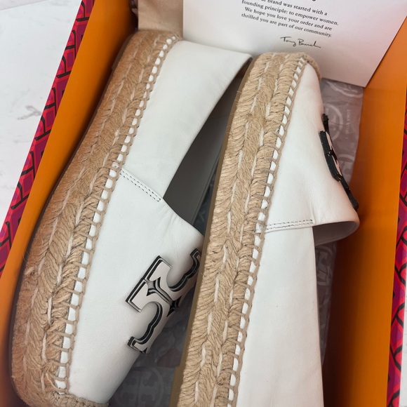 Tory Burch White Leather Logo Espadrille Loafers - Picture 2 of 7